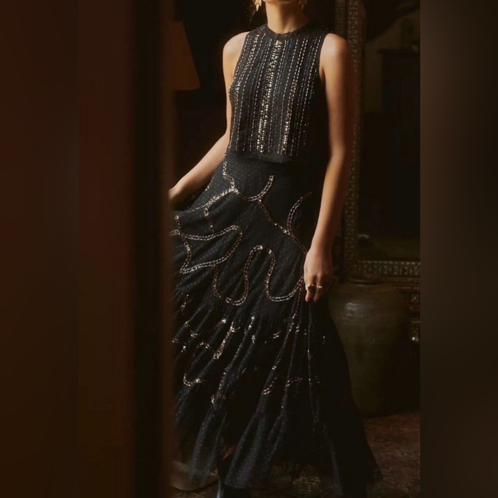 Anthropologie Let Me Be Maxi Tulle Embroidered Skirt Small Beaded Party Glam